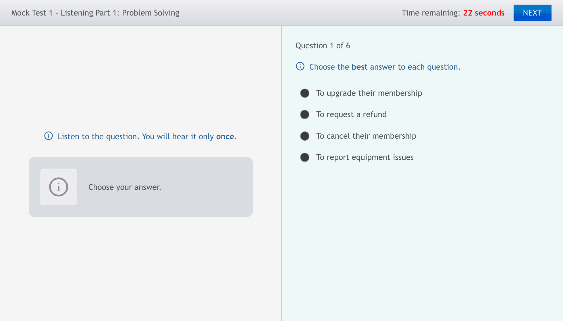 Celpip Plus mock exam Listening screen with a red countdown and multiple-choice answers
