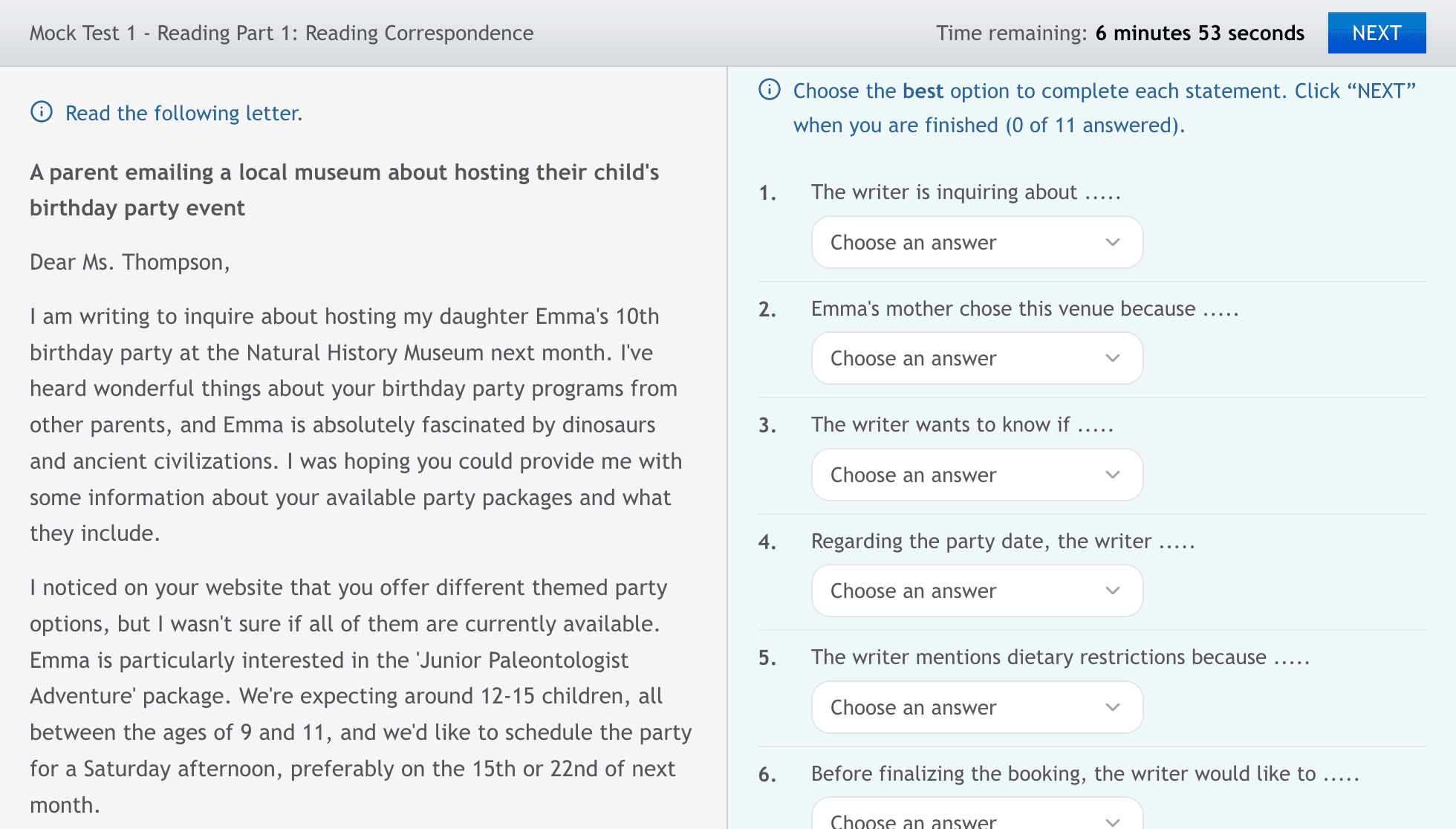 The Celpip Plus Reading practice screen, with a letter beside numbered answer dropdowns and a countdown
