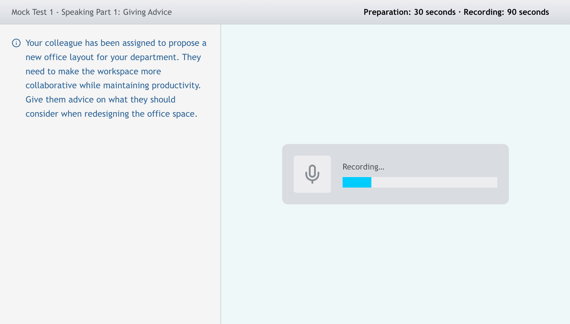 The Celpip Plus Speaking practice screen, showing the task prompt and an active recording bar